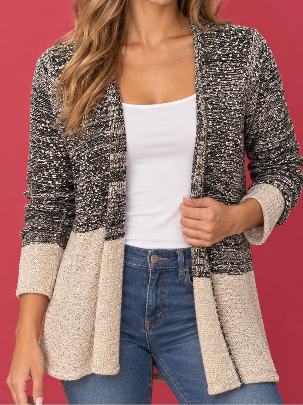 Belldini Black & Cream Open-Front Colorblock Cardigan
